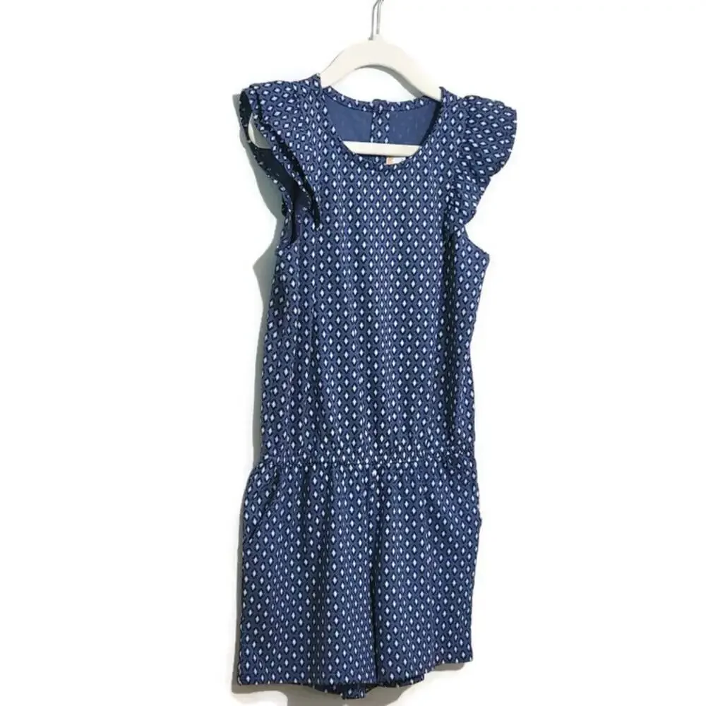 Gymboree Blue White Romper Diamond Print Short Sleeve Cotton Blend Girls Size 6